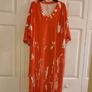 Orange and White V-Neck Printed Women's Dress